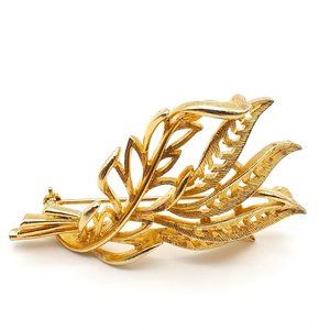 VTG Signed Lisner Brooch Pin Gold Tone Bundle Leaves Feather Fern Wheat